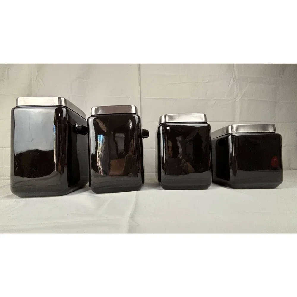 Oggi 4 pc Black Square Ceramic Canister Set w/ Stainless Steel Lids